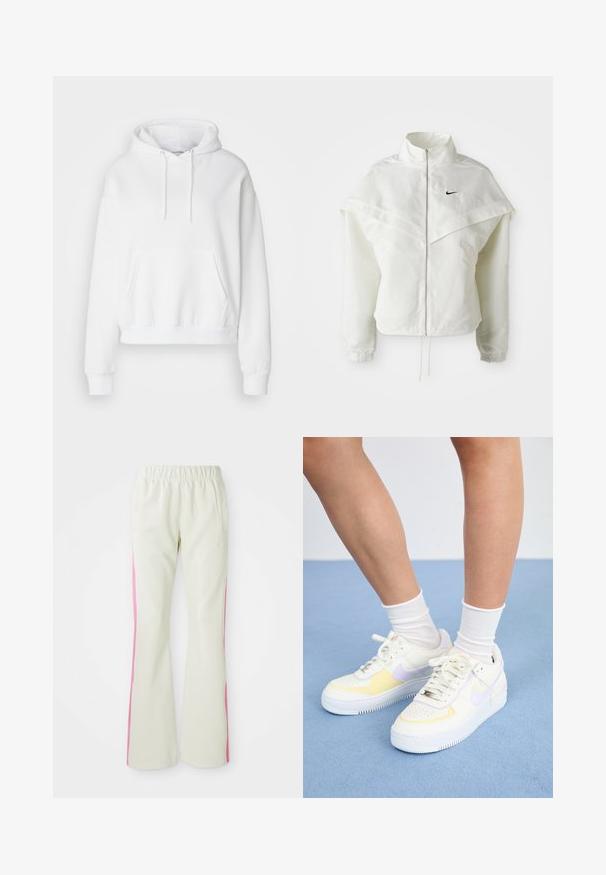 Witte lange mouwen zip-up jas met hoge kraag, cape-achtige details over de schouders, elastische manchetten en een klein zwart Nike-logo op de borst.; Witte hoodie met een voorzak, ribgebreide boorden en zoom. Zacht materiaal en een ontspannen pasvorm, met trekkoorden aan de capuchon.; Lichtbeige broek met een elastische tailleband, voorzien van roze zijpanelen en zijzakken. Gladde textuur met een recht gesneden pasvorm.; Witte leren sneakers met gele en lavendelkleurige accenten, ronde neus, platte veters en een textuurrubber zool. Gdraag met witte sokken.