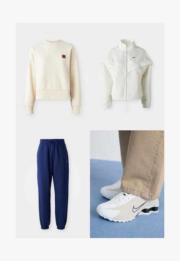Valkoinen pitkähihainen vetoketjullinen takki korkealla kauluksella, viittamainen yksityiskohta olkapäillä, joustavat hihansuut ja pieni musta Nike-logo rinnassa.; Vaalea kermahuppari, jossa on ribbireunat hihoissa ja helmassa. Edessä vasemmassa rinnassa on neliömäinen ruskea brändilogo. Pehmeä materiaali, rento malli.; Tummansiniset collegehousut pehmeästä kankaasta, joissa on joustava vyötärönyöri, joustavat hihansuut ja pieni valkoinen logo.; Valkoiset ja beige Nike-tennarit, joissa on rei'itetty muotoilu, musta swoosh-logo, teksturoitu päällinen ja erottuva joustava musta kanta.