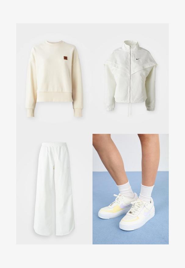 Jachetă albă cu mâneci lungi, cu fermoar, guler înalt, detalii asemănătoare unei capele pe umeri, manșete elastice și un mic logo Nike negru pe piept.; Bluza de culoare crem deschis, cu manșete și tiv cu nervuri. Prezință o etichetă pătrată de culoare marron pe zona stângă a pieptului. Material moale, croială lejeră.; Pantaloni atletici largi, alba, cu un talie elastica texturata si detalii subtile cu logo. Material neted, cu o croiala lejera si tiv conformat.; Adidași din piele albă cu accente galbene și lavandă, vârful rotund, șireturi plate și talpă din cauciuc texturat. Purtați cu șosete albe.
