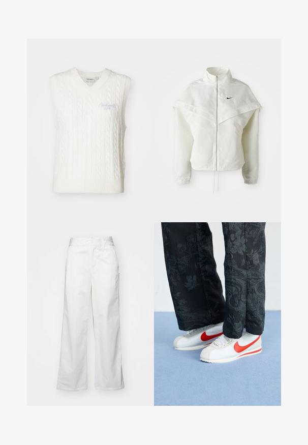 White long-sleeve zip-up jacket with high collar, cape-like detail across shoulders, elastic cuffs, and small black Nike logo on chest.; White sleeveless sweater vest with a V-neck and cable knit design. Features light blue embroidered branding on the front. Textured knit fabric.; White wide-leg trousers made from cotton, featuring a smooth texture, straight fit, front pockets, and a clean hem.; White Nike sneakers with red accents, paired with black pants featuring a floral pattern. Texture is smooth with a flat braid sole.