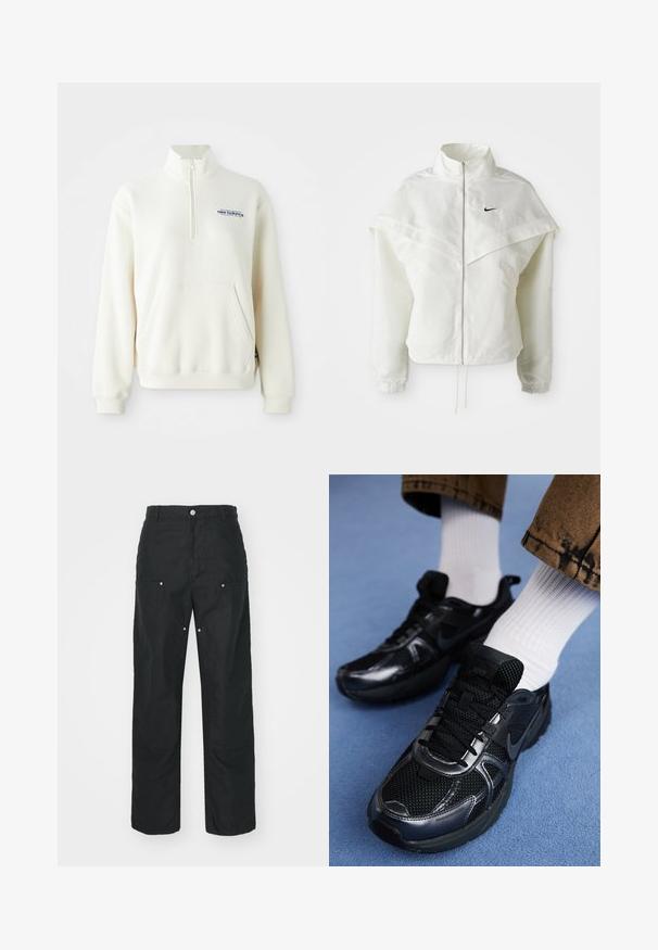 Bílá dlouhá zipová bunda s vysokým límcem, pláštěnkovým detailem přes ramena, elastickými manžetami a malým černým logem Nike na hrudi.; Krémový sweatshirt se zipem a kapsou vpředu, žebrovanými manžetami a modrým logem "new balance" na hrudi. Měkká textura.; Černé kalhoty s rovnými nohavicemi, vyrobené z strukturované tkaniny. Obsahují dekorativní stříbrné prvky a unikátní švy.; Černé sportovní boty Nike mají síťovinový svršek s lesklými akcenty, černé tkaničky a texturovanou podrážku. V kombinaci s bílými žebrovanými ponožkami.