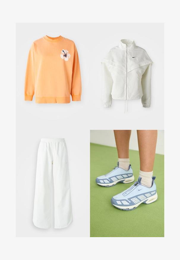 Veste zippée à manches longues blanche avec col haut, détail de type cape sur les épaules, poignets élastiques et petit logo Nike noir sur la poitrine.; Sweatshirt en coton doux orange clair avec un col rond et des poignets côtelés. Présente un motif floral blanc sur le côté gauche.; Pantalons de sport larges blancs avec une taille côtelée et un discret logo. Tissu lisse avec une coupe décontractée et un bas effilé.; Baskets de sport bleu clair avec des accents blancs, des panneaux texturés et une fermeture éclair. Dotées d'une semelle avec coussin d'air visible et d'une semelle en caoutchouc.
