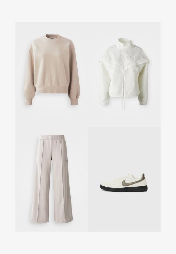Weiße langärmlige Zip-Jacke mit hohem Kragen, cape-artigem Detail über den Schultern, elastischen Bündchen und kleinem schwarzen Nike-Logo auf der Brust.; Beige Baumwollpullover mit rundem Ausschnitt, gerippten Bündchen und Saum, mit einem kleinen Logo auf der Brust und einer lockeren Passform.; Helle graue, weit geschnittene Hose aus glattem Stoff. Mit einem elastischen Bund und dem schwarzen Nike-Logo auf der linken Seite.; Nike Sportswear FIELD GENERAL - Sneaker low - off-white/black