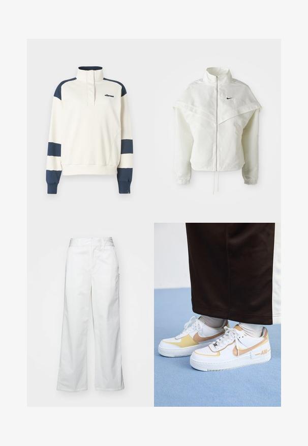 Fehér, hosszú ujjú, zipzáras dzseki magas gallérral, a vállakon lebegő, köpenyszerű résszel, rugalmas mandzsettákkal és kis fekete Nike logóval a mellkason.; Világos krém színű, félzipzáras bolyhos pulóver tengerészkék ujjakkal és csíkokkal. Puha tapintású, laza fazon, hímzett logóval.; Fehér, bő szárú nadrág, pamutból készült, sima textúrával, egyenes szabással, elülső zsebekkel és tiszta szegéllyel.; Fehér bőr sportcipők arany részletekkel, perforált orral, lapos fűzőkkel és vastag gumitalppal, az oldalán az "AIR" logóval.
