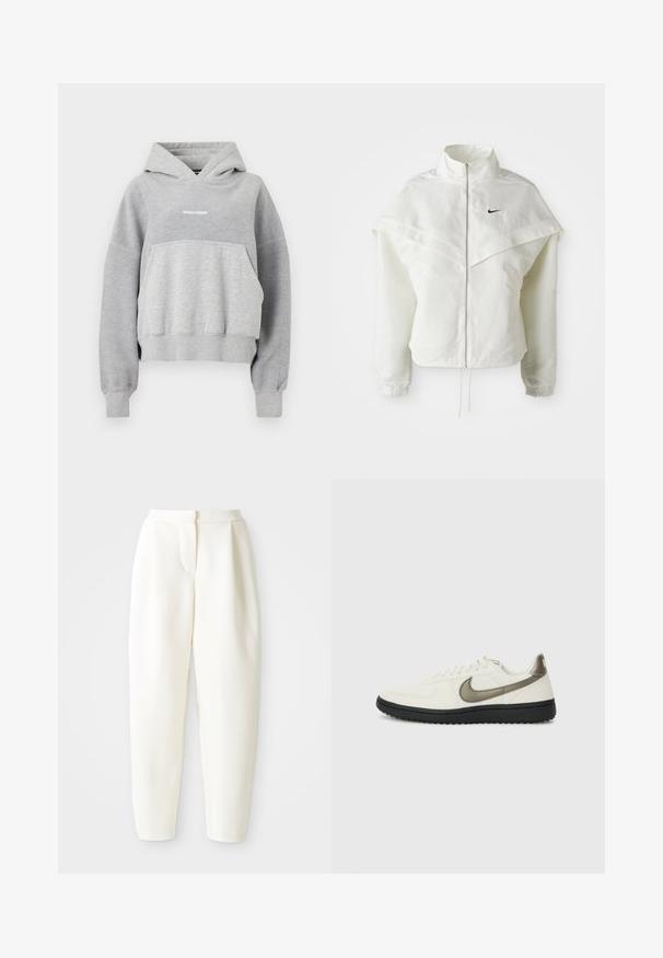 Jaqueta branca de mangas longas com fecho éclair e gola alta, detalhe tipo capa nos ombros, punhos elásticos e pequeno logótipo preto da Nike no peito.; Sweatshirt cinza com um bolso frontal, capuz ajustável com cordão e bainha canelada. Apresenta uma textura contrastante e o texto "PEGADOR" em branco.; Calças brancas de cintura alta e corte tapered com fecho frontal oculto e bolsos laterais, exibidas contra um fundo branco liso.; Nike Sportswear FIELD GENERAL - Sapatilhas - off-white/black