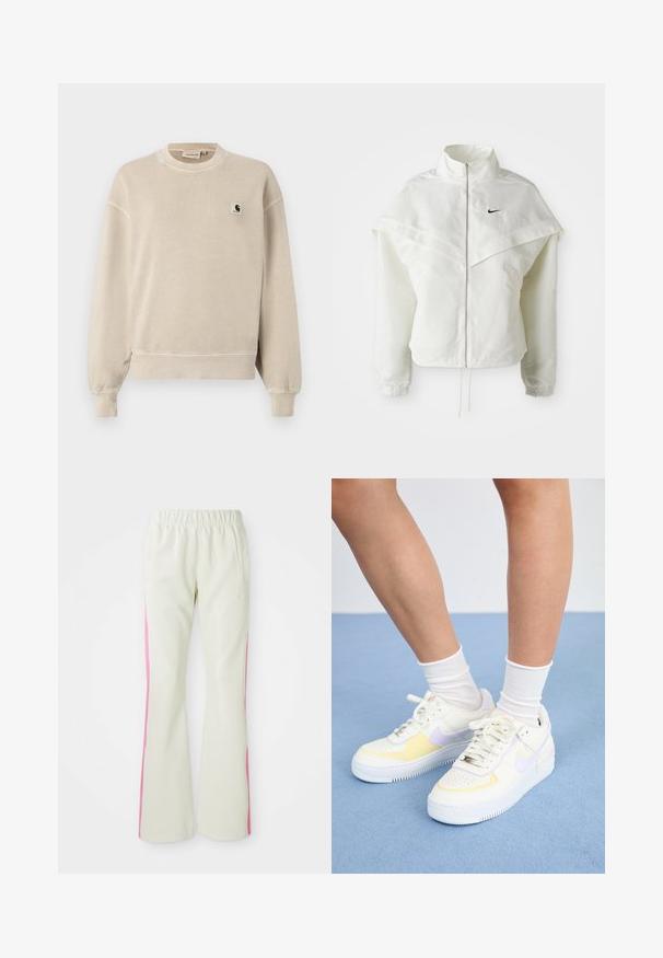 White long-sleeve zip-up jacket with high collar, cape-like detail across shoulders, elastic cuffs, and small black Nike logo on chest.; Beige sweatshirt with a crew neck, long sleeves, ribbed cuffs, and hem. Features a small logo patch on the left chest. Soft, textured fabric.; Light beige pants with an elastic waistband, featuring pink side panels and side pockets. Smooth texture with a straight-leg design.; White leather sneakers with yellow and lavender accents, round toe, flat laces, and textured rubber sole. Worn with white socks.