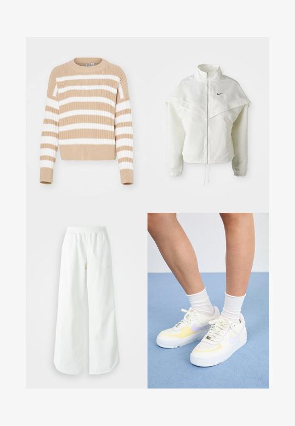 Chaqueta blanca de manga larga con cremallera y cuello alto, detalle tipo capa en los hombros, puños elásticos y pequeño logo negro de Nike en el pecho.; Suéter de punto a rayas beige y blanco con textura acanalada, cuello redondo y mangas cortas. Material suave, corte holgado, diseño casual.; Pantalones deportivos blancos de pierna ancha con una cinturilla acanalada y un sutil detalle de logo. Tela suave con un ajuste relajado y dobladillo ajustado.; Zapatillas de cuero blancas con acentos amarillos y lavanda, punta redonda, cordones planos y suela de goma texturizada. Llevadas con calcetines blancos.