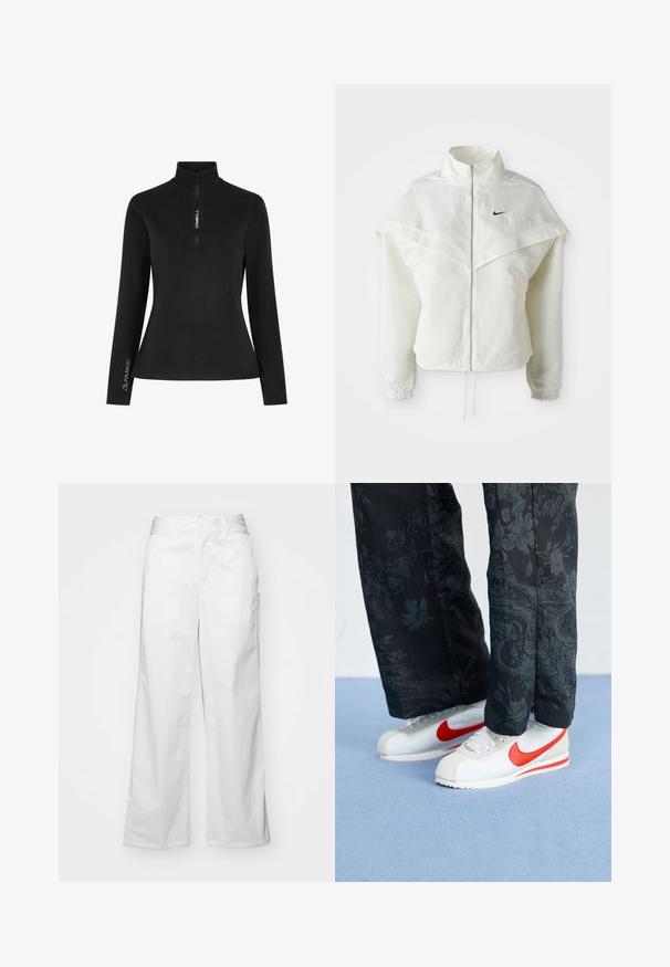 Jachetă albă cu mâneci lungi, cu fermoar, guler înalt, detalii asemănătoare unei capele pe umeri, manșete elastice și un mic logo Nike negru pe piept.; Pulover negru cu mânecă lungă și guler cu fermoar la jumătate. Prezintă logo-ul "ONEILL" pe față și marca "POLARTEC" pe mânecă, fabricat dintr-un material moale.; Pantaloni largi albi din bumbac, cu o textură fină, croi drept, buzunare frontale și tiv curat.; Adidași albi Nike cu accente roșii, asortați cu pantaloni negri cu un model floral. Textura este netedă, cu o talpă plată împletită.