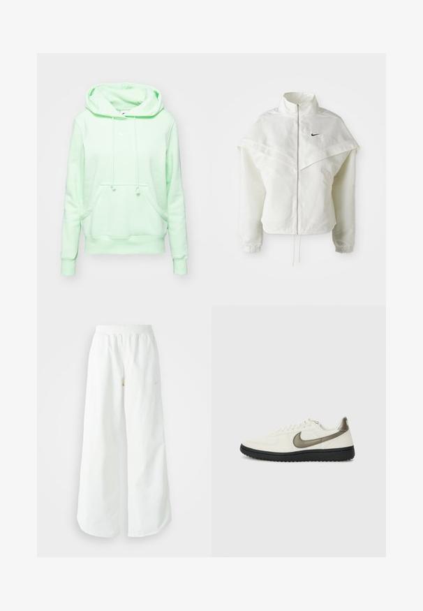 Bela jakna z dolgimi rokavi in zadrgo, visokim ovratnikom, plaščastim detajlom čez ramena, elastičnimi manšetami in majhnim črnim logotipom Nike na prsih.; Nike Sportswear HOODIE - Pulover s kapuco - vapor green; Bela športna hlače širokega kroja z rebrastim pasom in diskretno logotipno podrobnostjo. Gladek material z sproščenim krojem in zoženim robom.; Nike Sportswear FIELD GENERAL - Športni copati - off-white/black