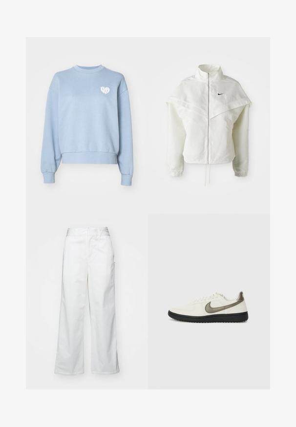 White long-sleeve zip-up jacket with high collar, cape-like detail across shoulders, elastic cuffs, and small black Nike logo on chest.; Light blue sweatshirt made of soft fabric, featuring a white heart design on the chest, ribbed cuffs, and hem. Classic crew neckline.; White wide-leg trousers made from cotton, featuring a smooth texture, straight fit, front pockets, and a clean hem.; Nike Sportswear FIELD GENERAL - Trainers - off-white/black