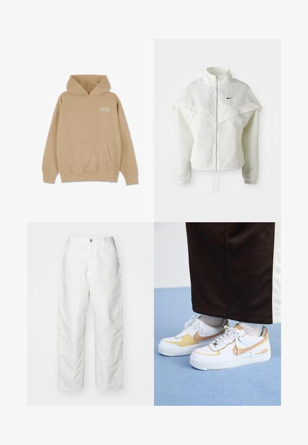 Hvit langermet jakke med glidelås og høy krage, kappe-lignende detaljer over skuldrene, elastiske mansjetter, og liten svart Nike-logo på brystet.; Beige hette med frontlomme, snorhette og ribbestrikkede mansjetter og kant. Har et lite hvitt logo på venstre side.; Hvite cargo-bukser laget av denim, med en avslappet passform, sidelommer og synlige sømmer. Enkelt front med knapplukking.; Hvite lær sneakers med gull detaljer, med perforert tå, flate lisser og en tykk gummisåle med "AIR" logo på siden.