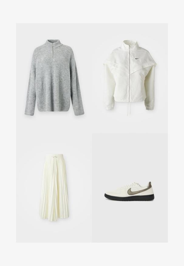 Weiße langärmlige Zip-Jacke mit hohem Kragen, cape-artigem Detail über den Schultern, elastischen Bündchen und kleinem schwarzen Nike-Logo auf der Brust.; Hellgrauer, gestrickter Pullover mit hohem Kragen und halber Reißverschlussöffnung; hat einen lässigen Schnitt und eine gerippte Textur im gesamten Stoff.; Plissierter Midirock aus hellgelbem Stoff mit einem elastischen Bund und einer Schnürung, glatter Textur und vertikalen Streifen für zusätzlichen Detailreichtum.; Nike Sportswear FIELD GENERAL - Sneaker low - off-white/black