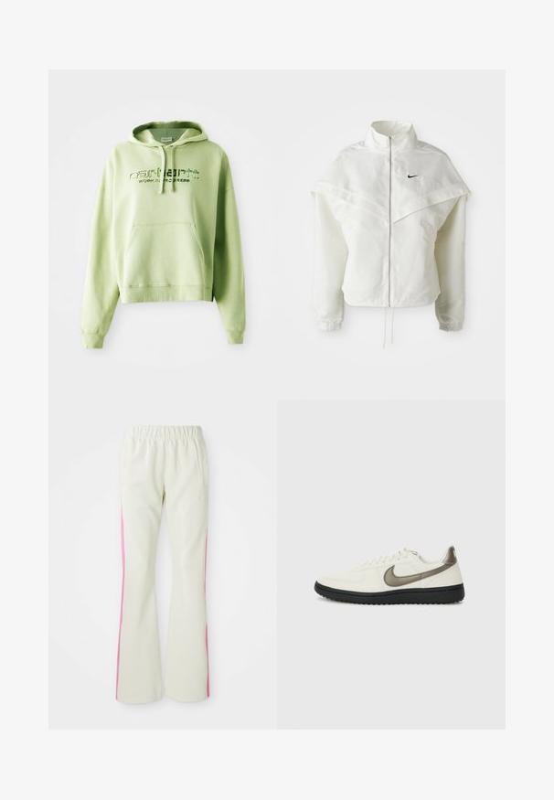 Balta garās piedurknes ar rāvējslēdzēju jaka ar augstu apkakli, apmetņa līdzīga detaļa uz pleciem, elastīgas aproces un mazs melns Nike logotips uz krūtīm.; Gaiza zaļā kapuce, kas izgatavota no kokvilnas maisījuma. Iespējas: kangoru kabata, šķērsojams uzvalks ar auklām un izšūts logo teksts "Carhartt Work in Progress."; Gaiši beigi bikses ar elastīgu jostu, aprīkotas ar rozā sānu paneļiem un sānu kabatām. Gluda tekstūra ar taisnu kāju dizainu.; Nike Sportswear FIELD GENERAL - Treniņu apavi - off-white/black