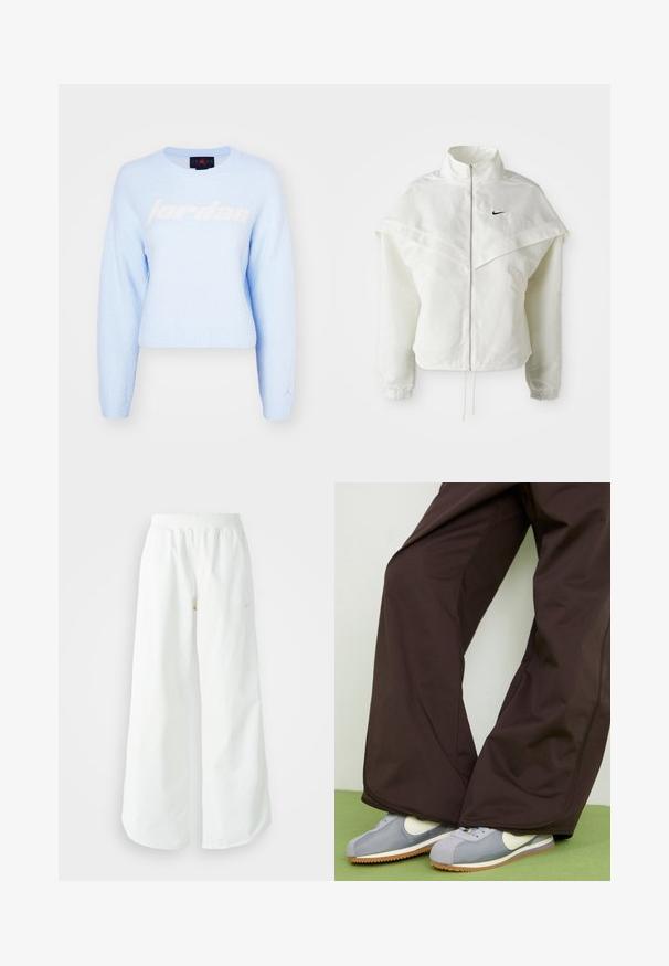 Weiße langärmlige Zip-Jacke mit hohem Kragen, cape-artigem Detail über den Schultern, elastischen Bündchen und kleinem schwarzen Nike-Logo auf der Brust.; Helles blaues, cropped Sweatshirt aus weichem, strukturiertem Stoff. Es hat ein großes, weißes "jordan"-Logo auf der Vorderseite und ein kleines Logo am Ärmel.; Weiße, weit geschnittene Sporthose mit einem gerippten Bund und dezentem Logo-Detail. Glattes Material mit lockerer Passform und schmal zulaufendem Saum.; Braune weite Hosen mit glatter Textur und seitlichen Nähten, kombiniert mit grau-weißen Sneakers im Retro-Stil mit einer Gummisohle.