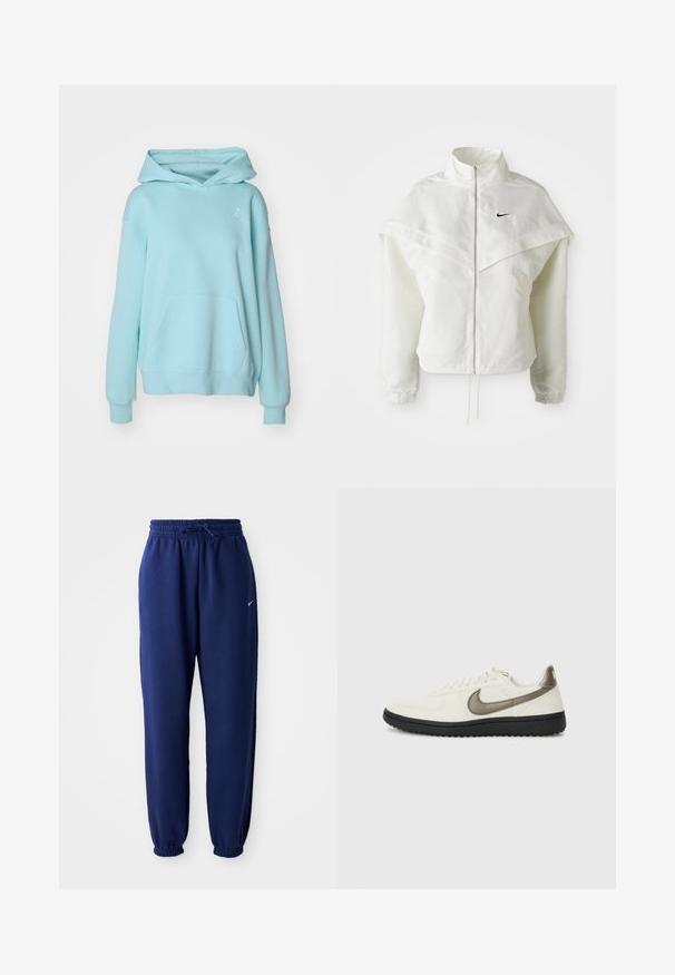 Balta garās piedurknes ar rāvējslēdzēju jaka ar augstu apkakli, apmetņa līdzīga detaļa uz pleciem, elastīgas aproces un mazs melns Nike logotips uz krūtīm.; Jordan Ikdienas džemperis - light dew/(white); Navy zila sporta bikses, izgatavotas no mīksta auduma, ar elastīgu jostu ar auklu, elastīgiem piedurknēm un mazu balto logo.; Nike Sportswear FIELD GENERAL - Treniņu apavi - off-white/black