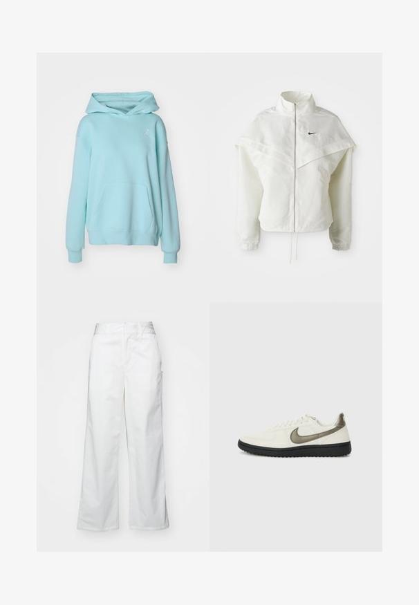 White long-sleeve zip-up jacket with high collar, cape-like detail across shoulders, elastic cuffs, and small black Nike logo on chest.; Jordan Hoodie - light dew/(white); White wide-leg trousers made from cotton, featuring a smooth texture, straight fit, front pockets, and a clean hem.; Nike Sportswear FIELD GENERAL - Trainers - off-white/black