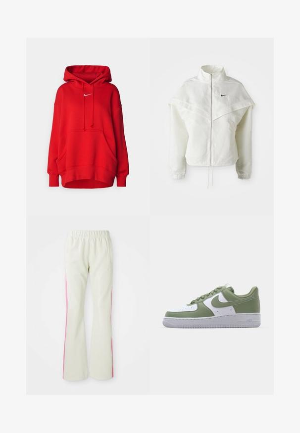 Jaqueta branca de mangas longas com fecho éclair e gola alta, detalhe tipo capa nos ombros, punhos elásticos e pequeno logótipo preto da Nike no peito.; Sweatshirt vermelho com capuz, bolso frontal, cordões e um pequeno logótipo da Nike em branco. Feito de um tecido suave e texturizado, com um corte solto.; Calças bege claras com uma cintura elástica, apresentando painéis laterais cor-de-rosa e bolsos laterais. Textura suave com um design de perna reta.; Sneakers Nike Air Force 1 em couro verde e branco. Design de cano baixo, biqueira redonda, sola de borracha texturizada e detalhe proeminente com o logotipo swoosh.