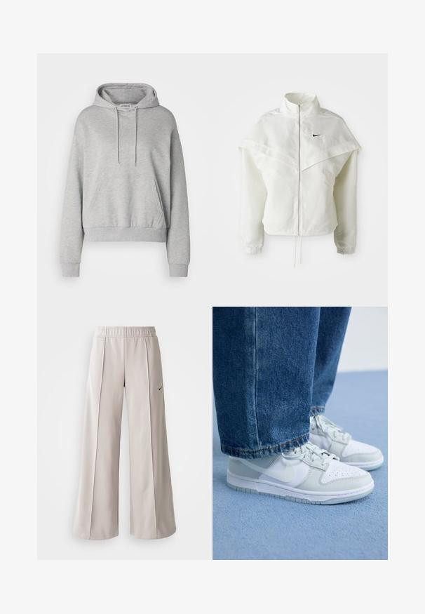Bílá dlouhá zipová bunda s vysokým límcem, pláštěnkovým detailem přes ramena, elastickými manžetami a malým černým logem Nike na hrudi.; Šedá mikina z bavlněného směsového materiálu, s klokankou, kapucí se stahovací šňůrkou, dlouhými rukávy a žebrovanými manžetami a spodním lemem.; Světlé šedé široké kalhoty vyrobené z hladké látky. Mají elastický pas a černé logo Nike na levé straně.; Nike tenisky v bílé a světle šedé kůži s perforovanou špičkou, plochými tkaničkami a gumovou podrážkou, spárovány s modrými džíny.