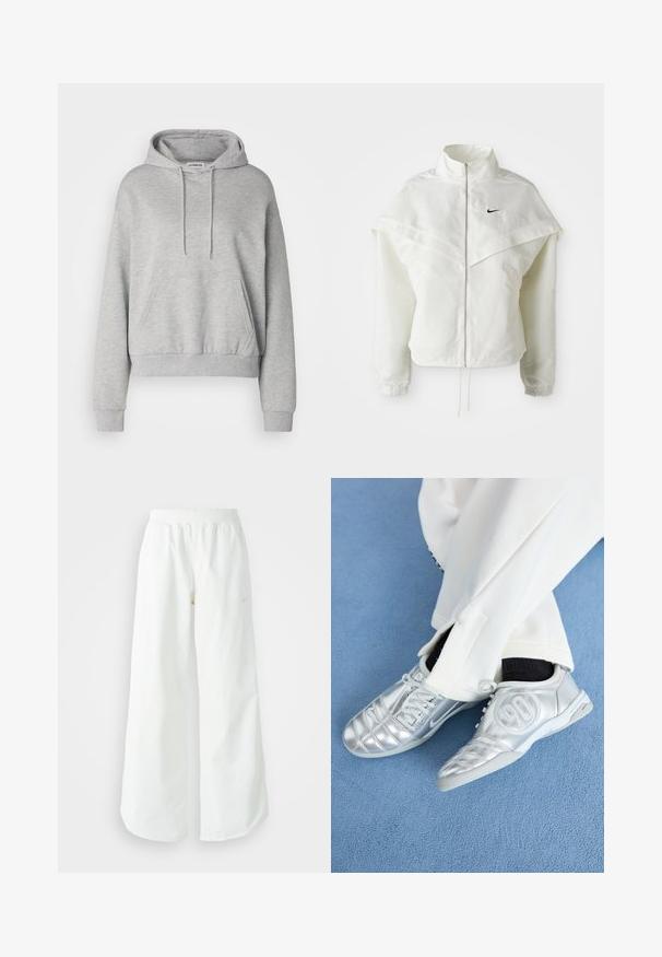 Biela bunda s dlhým rukávom na zips a vysokým golierom, s plášťovým detailom cez plecia, elastickými manžetami a malým čiernym logom Nike na hrudi.; Šedá mikina vyrobená z bavlneného zmesi, s klokaním vreckom, kapucňou na šnúrku, dlhými rukávmi a pružnými manžetami a spodným lemom.; Biele široké športové nohavice s ribbovaným pásom a jemným logom. Hladká tkanina s uvoľneným strihom a zúženým lemom.; Strieborné atletické topánky s hladkým, lesklým povrchom, zdobené prešitím a číslom 90 na boku, skombinované s bielymi nohavicami.