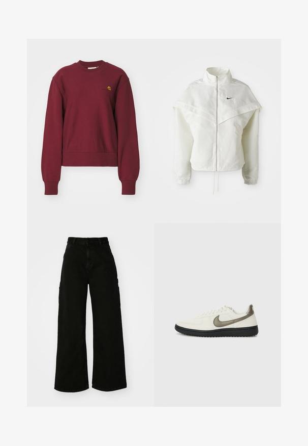 Hvit langermet jakke med glidelås og høy krage, kappe-lignende detaljer over skuldrene, elastiske mansjetter, og liten svart Nike-logo på brystet.; Carhartt WIP AMERICAN SCRIPT - Sweatshirt - malbec; Svart vide ben cargo bukser laget av denim, med høy midje, front knappestenging og sidelommer. Glatt tekstur med minimal søm.; Nike Sportswear FIELD GENERAL - Joggesko - off-white/black