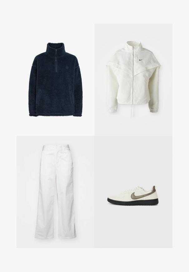 White long-sleeve zip-up jacket with high collar, cape-like detail across shoulders, elastic cuffs, and small black Nike logo on chest.; Navy blue fleece pullover with a high collar and quarter zip. Features a textured, plush surface and loose fit. Simple design, no embellishments.; White wide-leg trousers made from cotton, featuring a smooth texture, straight fit, front pockets, and a clean hem.; Nike Sportswear FIELD GENERAL - Trainers - off-white/black