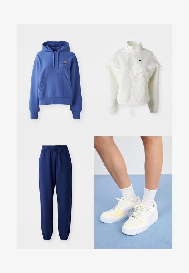 Giacca bianca a maniche lunghe con zip e colletto alto, dettaglio a mantella sulle spalle, polsini elasticizzati e piccolo logo Nike nero sul petto.; Felpa con cappuccio blu realizzata in misto cotone, dotata di tasca frontale, polsini e orlo a coste, con logo ricamato sul petto.; Pantaloni della tuta blu navy realizzati in tessuto morbido, con vita elasticizzata regolabile tramite cordino, polsini elasticizzati e un piccolo logo bianco.; Sneakers bianchi in pelle con accenti gialli e lavanda, punta tonda, lacci piatti e suola in gomma texturizzata. Indossati con calzini bianchi.