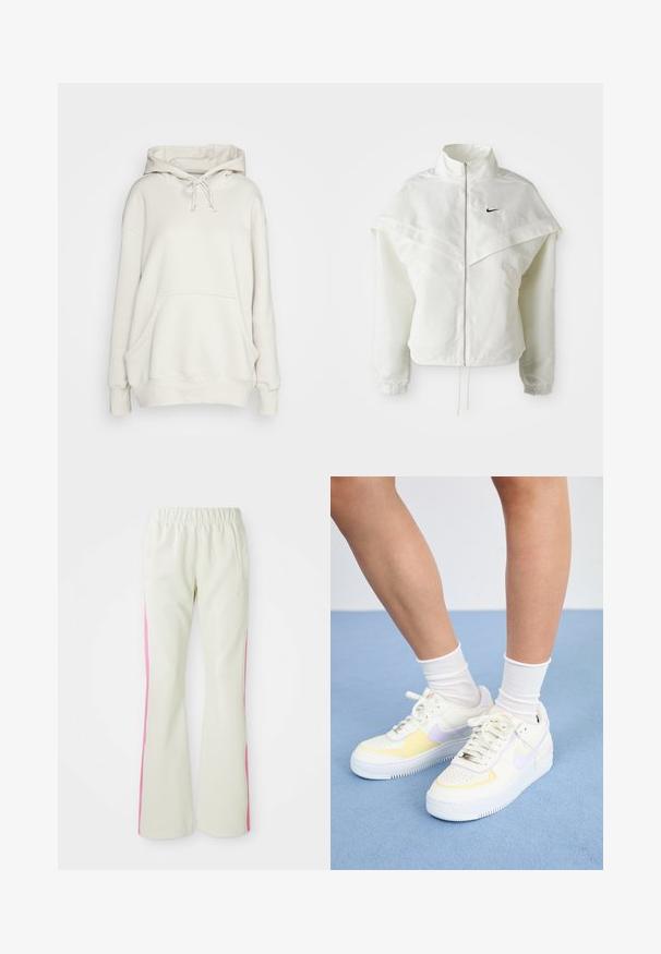 Jaqueta branca de mangas longas com fecho éclair e gola alta, detalhe tipo capa nos ombros, punhos elásticos e pequeno logótipo preto da Nike no peito.; Sweatshirt branco oversized feito de tecido suave, com capuz ajustável, bolso canguru e punhos ribados, apresentando uma textura lisa.; Calças bege claras com uma cintura elástica, apresentando painéis laterais cor-de-rosa e bolsos laterais. Textura suave com um design de perna reta.; Sneakers de couro branco com detalhes em amarelo e lavanda, bico arredondado, cadarços planos e sola de borracha texturizada. Usados com meias brancas.