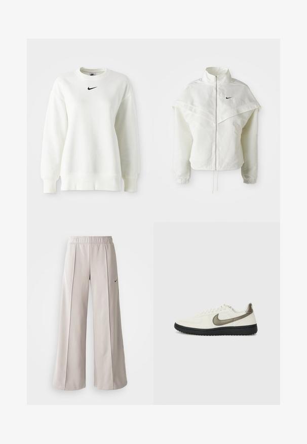 Giacca bianca a maniche lunghe con zip e colletto alto, dettaglio a mantella sulle spalle, polsini elasticizzati e piccolo logo Nike nero sul petto.; Maglione bianco con collo rotondo realizzato in morbido cotone, con spalle scese e un logo Nike nero centrato sul petto. Polsini e orlo a coste.; Pantaloni ampi grigio chiaro realizzati in tessuto liscio. Presentano una vita elastica e il logo Nike nero sul lato sinistro.; Nike Sportswear FIELD GENERAL - Sneakers basse - off-white/black