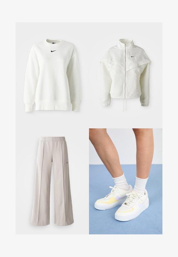 Chaqueta blanca de manga larga con cremallera y cuello alto, detalle tipo capa en los hombros, puños elásticos y pequeño logo negro de Nike en el pecho.; Sudadera blanca de cuello redondo hecha de algodón suave, con hombros caídos y un logo negro de Nike centrado en el pecho. Puños y dobladillo acanalados.; Pantalones de pierna ancha en gris claro, confeccionados con una tela suave. Presentan una cinturilla elástica y el logotipo negro de Nike en el lado izquierdo.; Zapatillas de cuero blancas con acentos amarillos y lavanda, punta redonda, cordones planos y suela de goma texturizada. Llevadas con calcetines blancos.