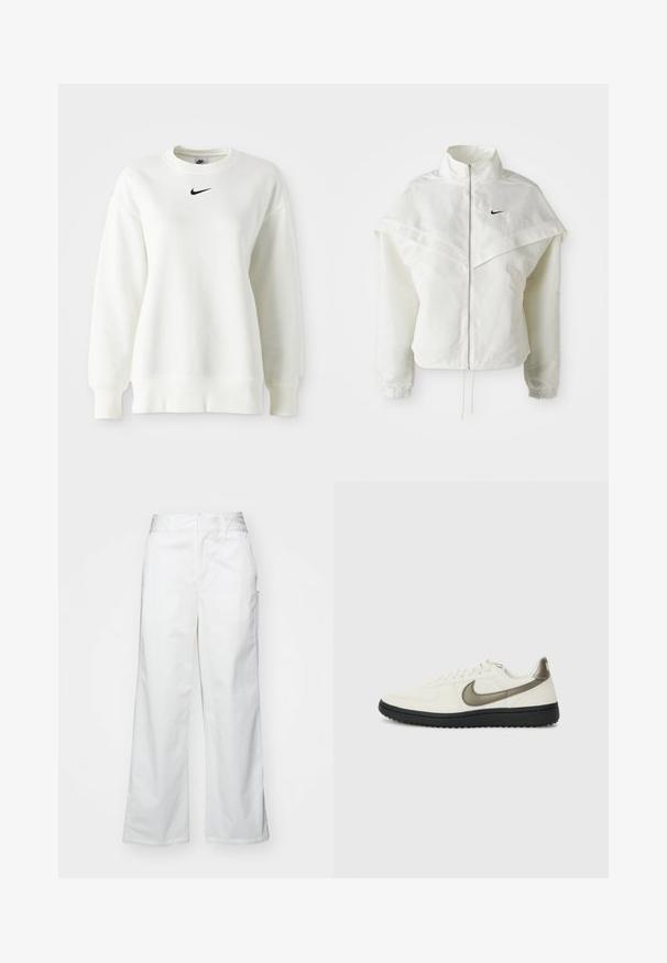 Biała, długozapinana kurtka na zamek z wysokim kołnierzem, z pelerynowym detalem na ramionach, elastycznymi mankietami i małym czarnym logo Nike na piersi.; Biała bluza z okrągłym dekoltem, uszyta z miękkiej bawełny, z obniżonymi ramionami oraz czarnym logo Nike umieszczonym na środku klatki piersiowej. Ribbowane mankiety i dół.; Białe spodnie o szerokich nogawkach wykonane z bawełny, charakteryzujące się gładką fakturą, prostym krojem, przednimi kieszeniami i czystym wykończeniem.; Nike Sportswear - Sneakersy niskie