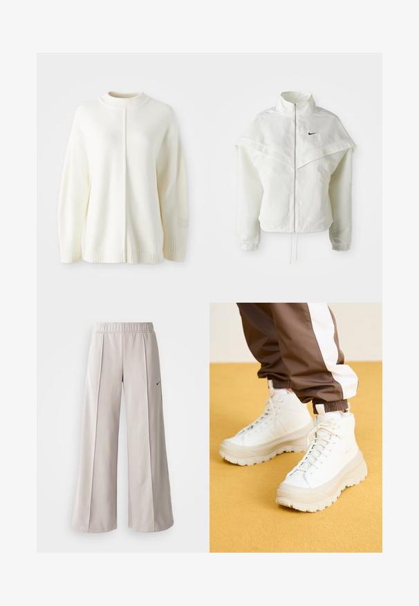 Jaqueta branca de mangas longas com fecho éclair e gola alta, detalhe tipo capa nos ombros, punhos elásticos e pequeno logótipo preto da Nike no peito.; Sweater de lã branca com um pescoço alto canelado, mangas longas e uma costura central. Apresenta punhos canelados e um pequeno patch de logotipo na manga.; Calças largas de tom cinza claro feitas de tecido suave. Apresentam uma cintura elástica e o logo da Nike em preto no lado esquerdo.; Ténis brancos de cano alto com uma sola grossa e texturizada, apresentando um cabedal liso, bico redondo e atacadores tonalizados, sobre um fundo amarelo.