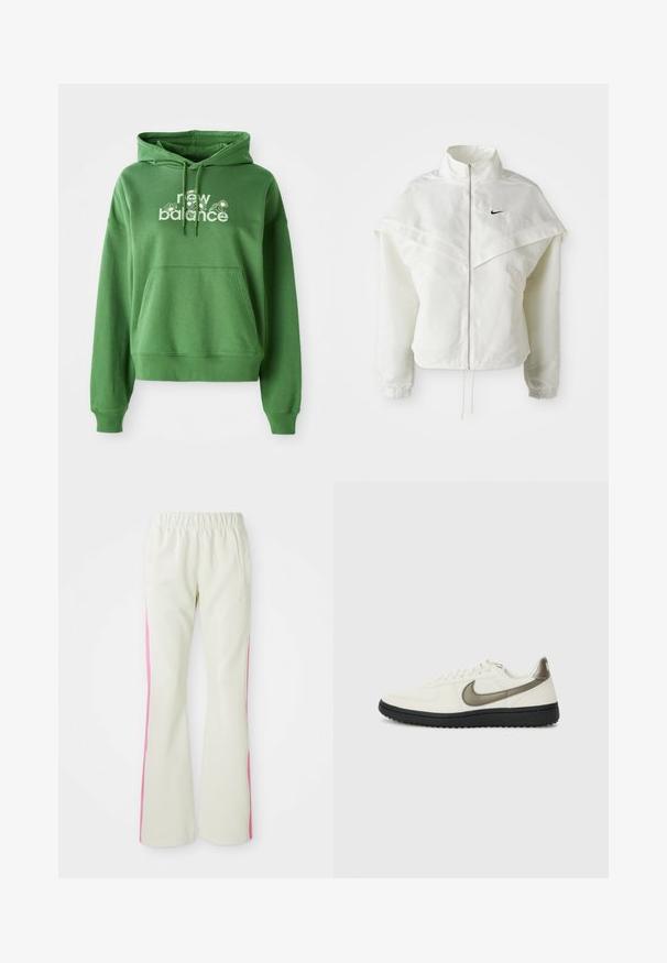 Hvit langermet jakke med glidelås og høy krage, kappe-lignende detaljer over skuldrene, elastiske mansjetter, og liten svart Nike-logo på brystet.; Grønn hettegenser med kengurulomme og en hvit "new balance"-logo med blomsteraccenter over fronten.; Lys beige bukser med elastisk linning, med rosa sidepaneler og sidelommer. Glatt tekstur med rett ben-design.; Nike Sportswear FIELD GENERAL - Joggesko - off-white/black