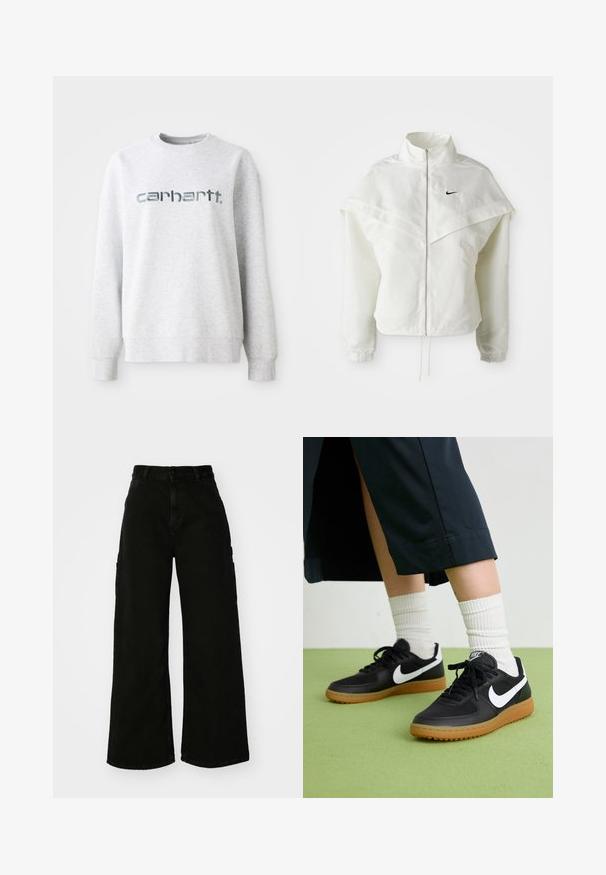 Witte lange mouwen zip-up jas met hoge kraag, cape-achtige details over de schouders, elastische manchetten en een klein zwart Nike-logo op de borst.; Grijze katoenen sweatshirt met een ronde hals, geribbelde manchetten en een groot, reflecterend "carhartt" logo op de voorkant.; Zwarte wijde cargobroek van denim, met een hoge taille, sluiting met een knop aan de voorkant en zijzakken. Gladde textuur met minimale stiksels.; Zwarte leren en synthetische sneakers met witte Nike swoosh, rubberen gumzool, ronde neus en zwarte veters. Geribbelde witte sokken zichtbaar.