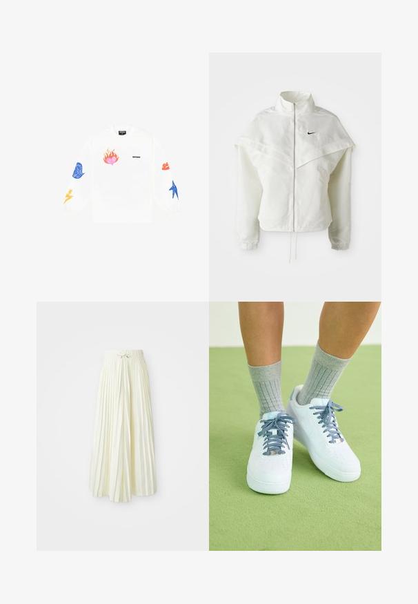 Valkoinen pitkähihainen vetoketjullinen takki korkealla kauluksella, viittamainen yksityiskohta olkapäillä, joustavat hihansuut ja pieni musta Nike-logo rinnassa.; Valkoinen pitkähihainen collegepaita, jossa on värikkäitä graafisia printtejä: pinkki sydän liekkeineen, siniset ja punaiset huulet, sininen tähti ja keltaiset salamat.; Pleatattu midi-hame vaaleankeltaisesta kankaasta, jossa on joustava vyötärö ja nauhakiinnitys, sileä pinta ja pystysuorat raidat lisäyksityiskohtina.; Valkoiset nahkakengät sinisillä yksityiskohdilla, rei'itetty kärkiteline ja teksturoidut sinivalkoiset nauhat, joita on käytetty harmaiden ribbien sukkien kanssa.