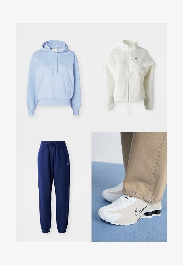 Witte lange mouwen zip-up jas met hoge kraag, cape-achtige details over de schouders, elastische manchetten en een klein zwart Nike-logo op de borst.; Lichtblauwe hoodie van zachte stof, met een voorzak, een capuchon met trekkoord en een klein geborduurd logo op de borst.; Marineblauwe joggingbroek van zachte stof, met een elastische tailleband met trekkoord, elastische boorden en een klein wit logo.; Witte en beige Nike sneakers met geperforeerd ontwerp, zwart swoosh-logo, textuur bovenkant en een kenmerkende veerkrachtige zwarte hak.
