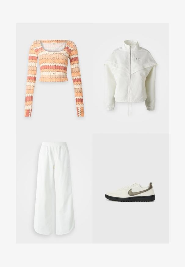 Balta garās piedurknes ar rāvējslēdzēju jaka ar augstu apkakli, apmetņa līdzīga detaļa uz pleciem, elastīgas aproces un mazs melns Nike logotips uz krūtīm.; Rip Curl COSY CARDIGAN - Adīta jaka - multicoloured; Baltas, platais sporta bikses ar ribotu jostasvītru un smalku logotipa detaļu. Gluda auduma ar brīvu piegriezumu un sašaurinātu apakšdaļu.; Nike Sportswear FIELD GENERAL - Treniņu apavi - off-white/black