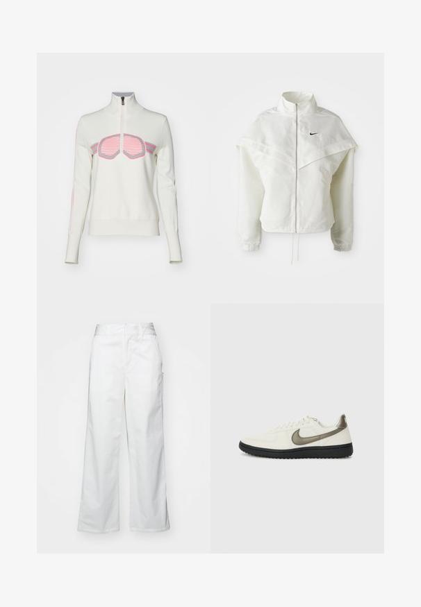 Valge pikkade varrukatega tõmblukuga jakk kõrge kraega, kätetooted, mis meenutavad katet õlgadel, elastsete mansettidega ja väikese musta Nike logoga rinnal.; Bogner Fire + Ice AZRA3 - Džemper - light chalk; Valged laiad püksid, mis on valmistatud puuvillast, omavad siledat tekstuuri, sirget lõiget, eesmine taskud ja puhtad äärised.; Nike Sportswear FIELD GENERAL - Tossud - off-white/black