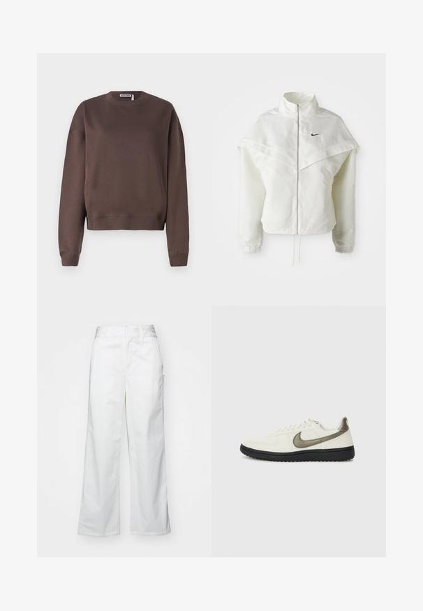 Balta garās piedurknes ar rāvējslēdzēju jaka ar augstu apkakli, apmetņa līdzīga detaļa uz pleciem, elastīgas aproces un mazs melns Nike logotips uz krūtīm.; Brūna kokvilnas sporta krekls ar apaļu kakla izgriezumu, garām piedurknēm un ribinātām aprocēm. Gluda tekstūra un īsāks dizains mūsdienīgai piegrieztei.; Balti platie kājas bikses no kokvilnas, ar gludu tekstūru, taisnu piegriezumu, priekšējām kabatām un tīru apakšmalu.; Nike Sportswear FIELD GENERAL - Treniņu apavi - off-white/black