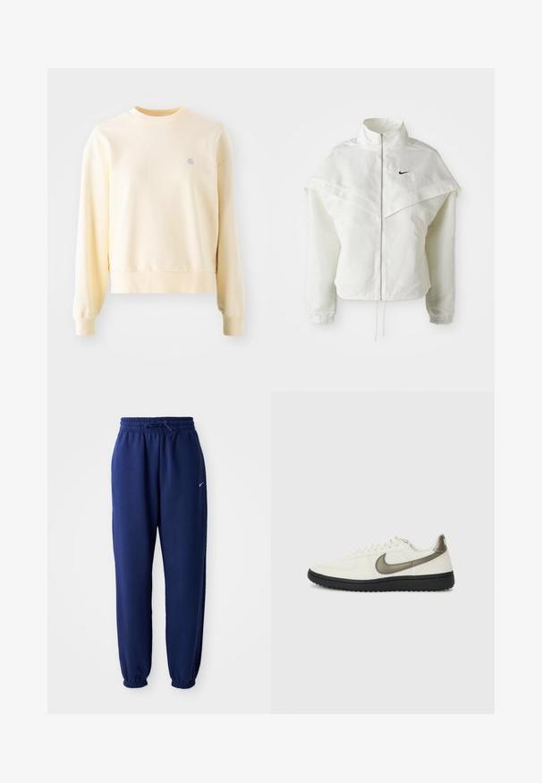 Biała, długozapinana kurtka na zamek z wysokim kołnierzem, z pelerynowym detalem na ramionach, elastycznymi mankietami i małym czarnym logo Nike na piersi.; Jasnożółta bluza z długimi rękawami, okrągłym dekoltem, ribbowymi mankietami i małym logo na piersi. Wykonana z miękkiego, teksturowanego materiału.; Granatowe dresy wykonane z miękkiego materiału, z elastycznym paskiem w talii z możliwością regulacji, elastycznymi mankietami oraz małym białym logo.; Nike Sportswear - Sneakersy niskie