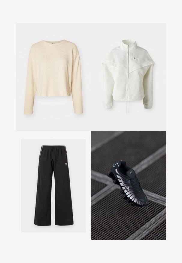 White long-sleeve zip-up jacket with high collar, cape-like detail across shoulders, elastic cuffs, and small black Nike logo on chest.; Cream-colored cropped sweater with long sleeves, made of textured fabric. Features a small, subtle logo on the chest and a crew neckline.; Black sweatpants made of soft fabric, featuring an elastic waistband with a drawstring, side stripes, and a small logo on the front left.; Black athletic shoe with textured mesh upper, silver accents, arch support, and cushioned sole featuring distinct segmented design.
