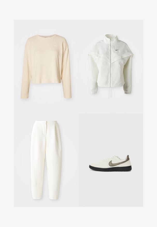 Witte lange mouwen zip-up jas met hoge kraag, cape-achtige details over de schouders, elastische manchetten en een klein zwart Nike-logo op de borst.; Crèmewit cropped sweater met lange mouwen, gemaakt van geprofileerde stof. Heeft een klein, subtiel logo op de borst en een ronde halslijn.; Hoog-waisted witte tapered broek met een verborgen sluiting aan de voorkant en zijzakken, weergegeven tegen een effen witte achtergrond.; Nike Sportswear FIELD GENERAL - Sneakers laag - off-white/black