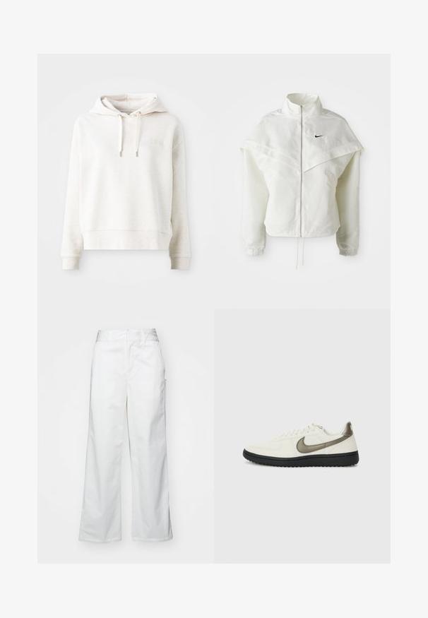 Biela bunda s dlhým rukávom na zips a vysokým golierom, s plášťovým detailom cez plecia, elastickými manžetami a malým čiernym logom Nike na hrudi.; Svetlo béžová mikina s kapucňou, príjemnou textúrou, so sťahovacou šnúrkou a jednoduchým vyšitým logom na hrudi. Dlhé rukávy a skrátený strih.; Biele široké nohavice vyrobené z bavlny, s hladkým povrchom, rovnou siluetou, prednými vreckami a čistým lemom.; Nike Sportswear FIELD GENERAL - Tenisky - off-white/black