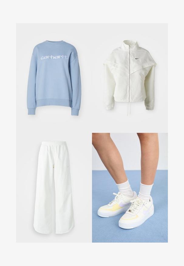 Biela bunda s dlhým rukávom na zips a vysokým golierom, s plášťovým detailom cez plecia, elastickými manžetami a malým čiernym logom Nike na hrudi.; Carhartt WIP Mikina - misty sky/white; Biele široké športové nohavice s ribbovaným pásom a jemným logom. Hladká tkanina s uvoľneným strihom a zúženým lemom.; Biele kožené tenisky s žltými a levanduľovými akcentmi, okrúhle špičky, ploché šnúrky a textúrovaná gumová podrážka. Nosené s bielymi ponožkami.