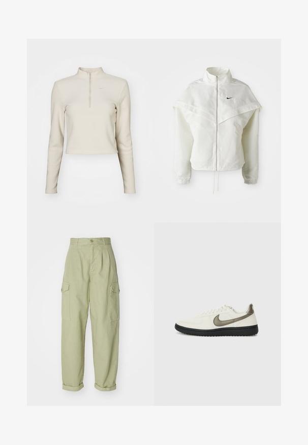 Chaqueta blanca de manga larga con cremallera y cuello alto, detalle tipo capa en los hombros, puños elásticos y pequeño logo negro de Nike en el pecho.; Nike Sportswear Suéter de forro polar - light orewood brown/sail; Pantalones cargo verde claro hechos de tela de algodón. Presenta una cintura alta, puños enrollados y dos bolsillos laterales de carga para mayor utilidad.; Nike Sportswear FIELD GENERAL - Zapatillas - off-white/black