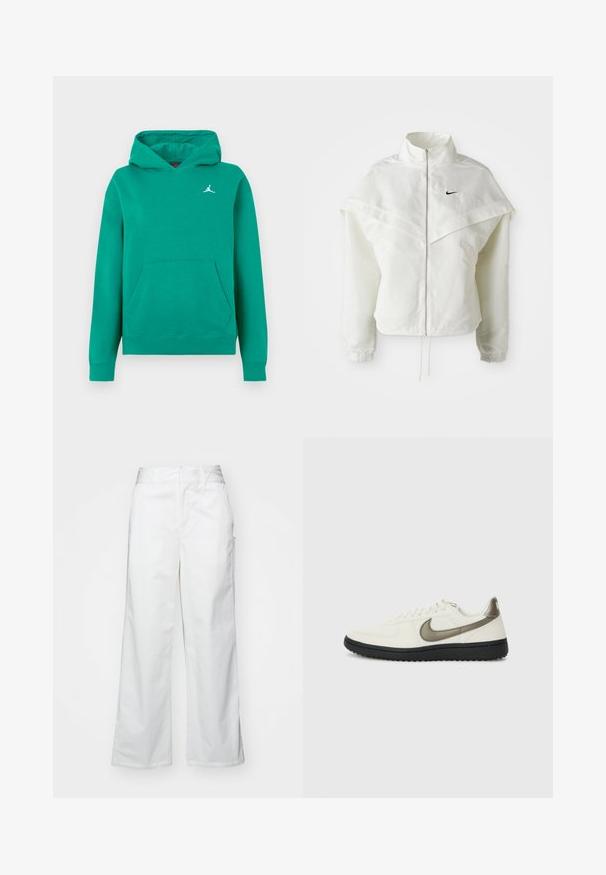 Fehér, hosszú ujjú, zipzáras dzseki magas gallérral, a vállakon lebegő, köpenyszerű résszel, rugalmas mandzsettákkal és kis fekete Nike logóval a mellkason.; Zöld kapucnis pulóver puha anyagból, kenguruzsebbel és bordás mandzsettákkal. Kicsi, fehér Jumpman logóval a mellrészen. Klasszikus, laza fazon.; Fehér, bő szárú nadrág, pamutból készült, sima textúrával, egyenes szabással, elülső zsebekkel és tiszta szegéllyel.; Nike Sportswear FIELD GENERAL - Sportcipő - off-white/black