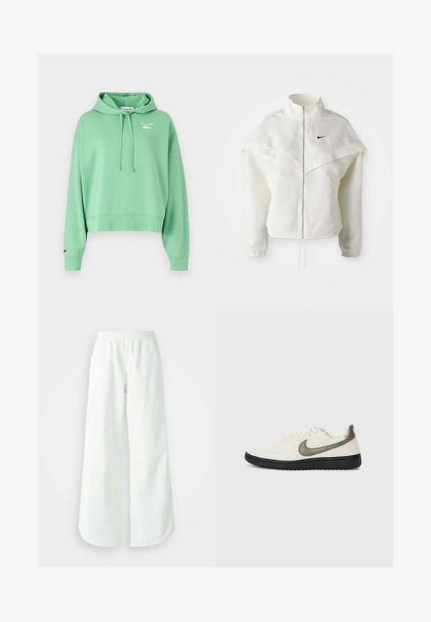 Biela bunda s dlhým rukávom na zips a vysokým golierom, s plášťovým detailom cez plecia, elastickými manžetami a malým čiernym logom Nike na hrudi.; Mentolová skrátená mikina s kapucňou a šnúrkami, dlhými rukávmi a bielym vyšitým logom na hrudi. Mäkko bavlnené materiály.; Biele široké športové nohavice s ribbovaným pásom a jemným logom. Hladká tkanina s uvoľneným strihom a zúženým lemom.; Nike Sportswear FIELD GENERAL - Tenisky - off-white/black