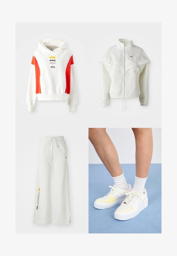 Jaqueta branca de mangas longas com fecho éclair e gola alta, detalhe tipo capa nos ombros, punhos elásticos e pequeno logótipo preto da Nike no peito.; Sweatshirt branca com detalhes em vermelho, capuz com cordão e gráfico frontal. Apresenta um logótipo e texto no peito. Tecido macio, punhos e bainha canelados.; Calças de treino brancas, de perna larga, com uma cintura elástica, cordão, fendas laterais, logo da Nike preto e texto gráfico amarelo em contraste.; Sneakers de couro branco com detalhes em amarelo e lavanda, bico arredondado, cadarços planos e sola de borracha texturizada. Usados com meias brancas.