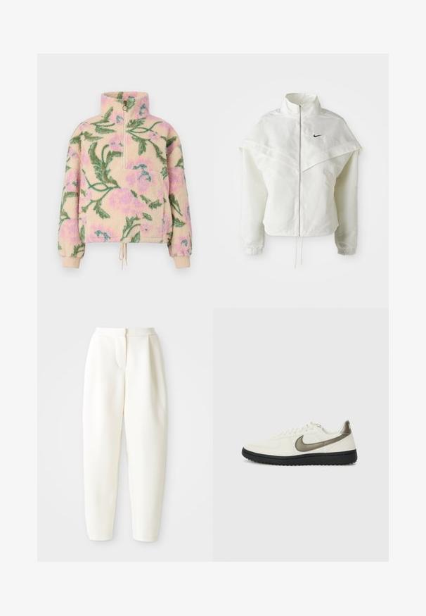Hvit langermet jakke med glidelås og høy krage, kappe-lignende detaljer over skuldrene, elastiske mansjetter, og liten svart Nike-logo på brystet.; Billabong TIME OFF - Fleecegenser - multi coloured; Høytlivede, smale hvite bukser med skjult frontlukking og sidelommer, vist mot en ensfarget hvit bakgrunn.; Nike Sportswear FIELD GENERAL - Joggesko - off-white/black
