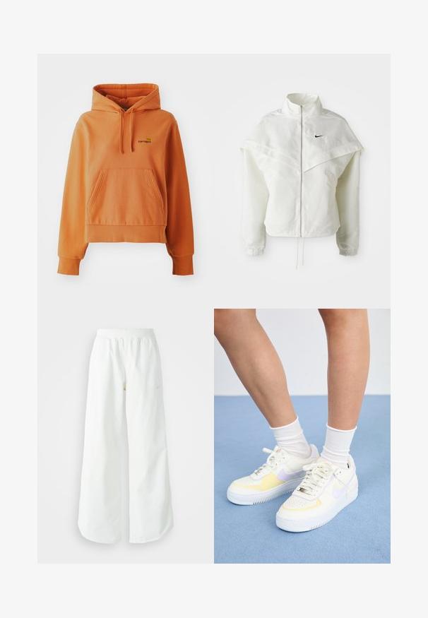Veste zippée à manches longues blanche avec col haut, détail de type cape sur les épaules, poignets élastiques et petit logo Nike noir sur la poitrine.; Hoodie en coton orange avec une poche frontale, des poignets et un ourlet côtelés, une capuche avec cordon de serrage réglable, et un logo brodé sur la poitrine.; Pantalons de sport larges blancs avec une taille côtelée et un discret logo. Tissu lisse avec une coupe décontractée et un bas effilé.; Baskets en cuir blanc avec des accents jaunes et lavande, bout rond, lacets plats et semelle en caoutchouc texturée. Portées avec des chaussettes blanches.