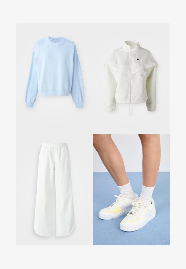 Fehér, hosszú ujjú, zipzáras dzseki magas gallérral, a vállakon lebegő, köpenyszerű résszel, rugalmas mandzsettákkal és kis fekete Nike logóval a mellkason.; Világoskék pulóver, puha pamutszövetből készült. Kerek nyakú, esésvállú, bordázott mandzsettákkal és aljjal rendelkezik, finom márkázással.; Fehér, bő szárú sportnadrág ribbelt derékpánttal és diszkrét logórésszel. Simá szövet, laza szabással és taperált szárral.; Fehér bőr sneakers sárga és levendula színű kiegészítőkkel, kerek orral, lapos fűzökkel és texturált gumitalppal. Fehér zoknival viselve.